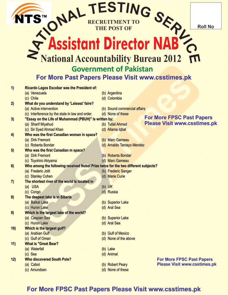 Assistant Director NAB Past Paper 2012 (NTS Solved Past Papers)