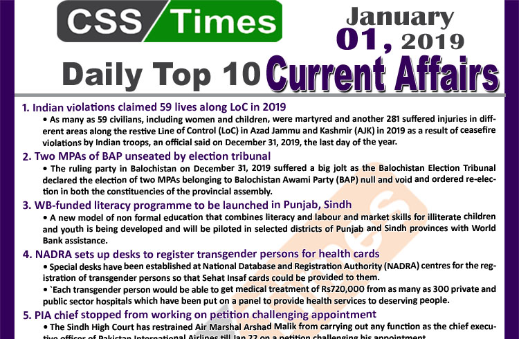Day by Day Current Affairs (January 01 2019) MCQs for CSS, PMS