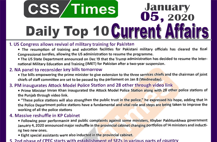 Day by Day Current Affairs (January 05 2020) MCQs for CSS, PMS
