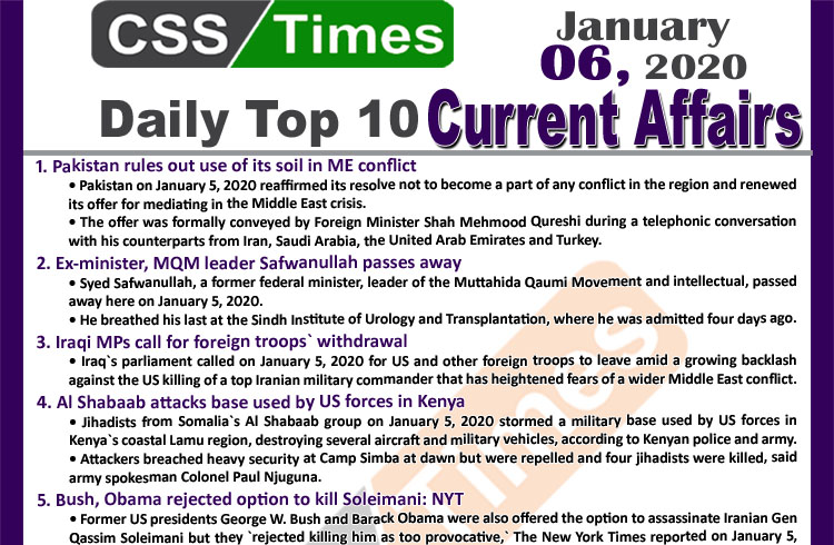 Day by Day Current Affairs (January 06 2020) MCQs for CSS, PMS