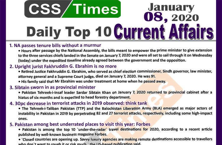 Day by Day Current Affairs (January 08 2020) MCQs for CSS, PMS