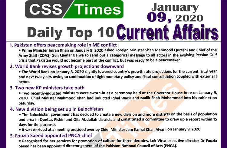 January 09, 2020: National / International Current Affairs