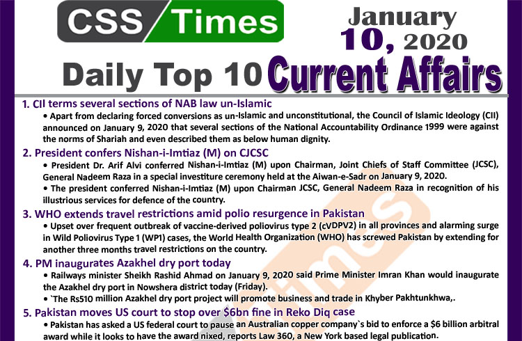 Day by Day Current Affairs (January 10 2020) MCQs for CSS, PMS