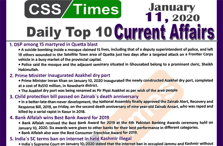 Day by Day Current Affairs (January 11 2020) MCQs for CSS, PMS