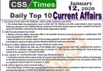 Day by Day Current Affairs (January 12 2020) MCQs for CSS, PMS