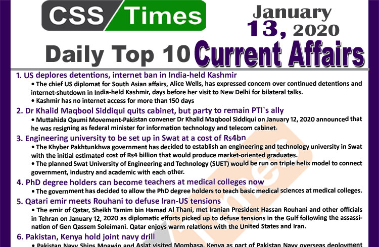 Day by Day Current Affairs (January 13 2020) MCQs for CSS, PMS