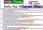 Day by Day Current Affairs (January 15 2020) MCQs for CSS, PMS