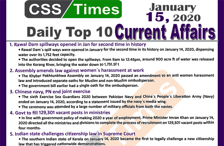 Day by Day Current Affairs (January 15 2020) MCQs for CSS, PMS