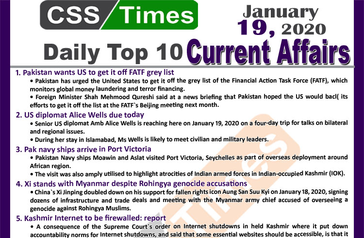 Day by Day Current Affairs (January 19 2020) MCQs for CSS