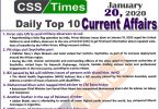 Day by Day Current Affairs (January 20 2020) MCQs for CSS, PMS