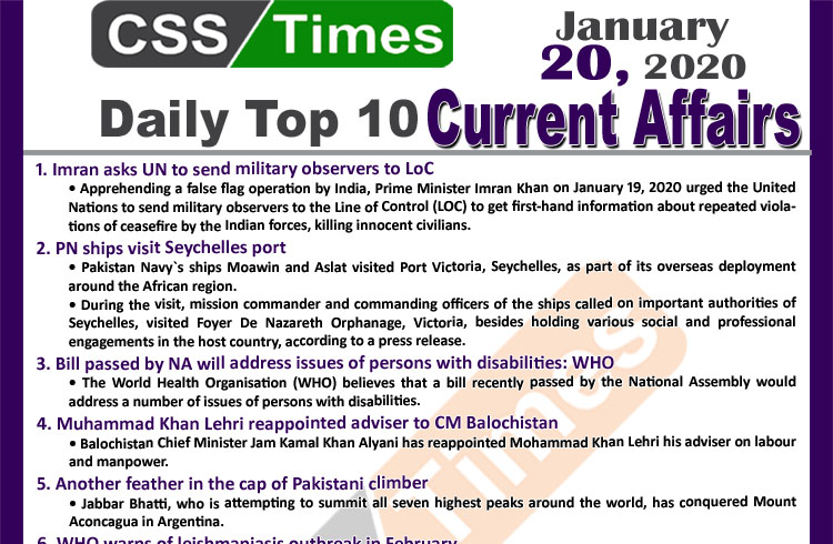 Day by Day Current Affairs (January 20 2020) MCQs for CSS, PMS