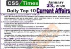Day by Day Current Affairs (January 23 2020) MCQs for CSS, PMS