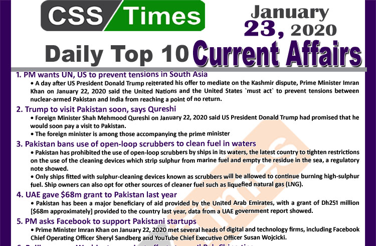 Day by Day Current Affairs (January 23 2020) MCQs for CSS, PMS