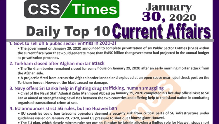 Day by Day Current Affairs (January 30 2020) MCQs for CSS, PMS