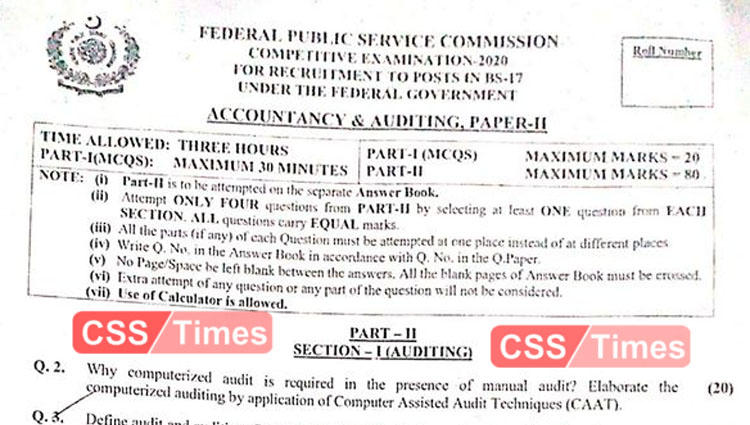 ACCOUNTANCY AND AUDITING, PAPER-II CSS 2020 | FPSC CSS Past Papers 2020