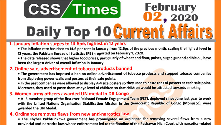 Day by Day Current Affairs (February 02 2020) MCQs for CSS, PMS