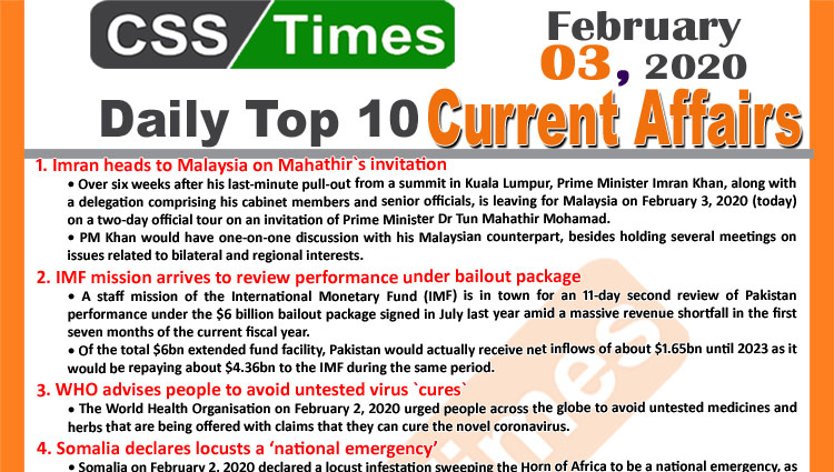 Day by Day Current Affairs (February 03 2020) MCQs for CSS, PMS