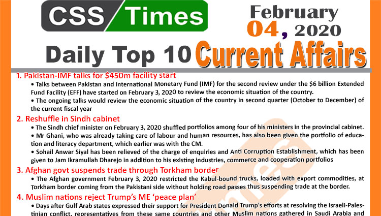 Day by Day Current Affairs (February 04 2020) MCQs for CSS, PMS