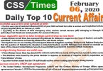Day by Day Current Affairs (February 06 2020) MCQs for CSS, PMS