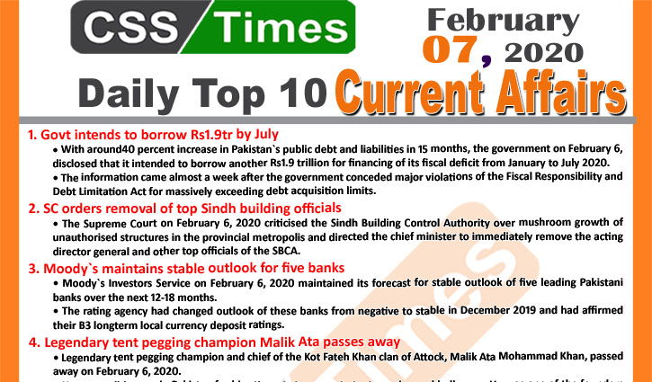 Day by Day Current Affairs (February 07 2020) MCQs for CSS, PMS