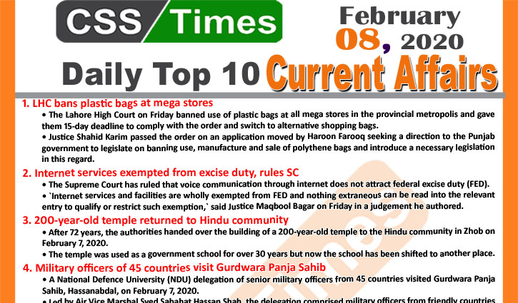 Day by Day Current Affairs (February 08 2020) MCQs for CSS, PMS