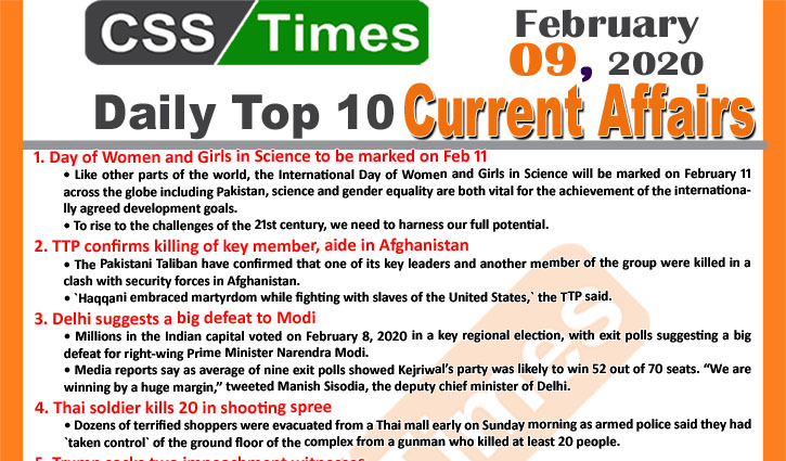 Day by Day Current Affairs (February 09 2020) MCQs for CSS, PMS