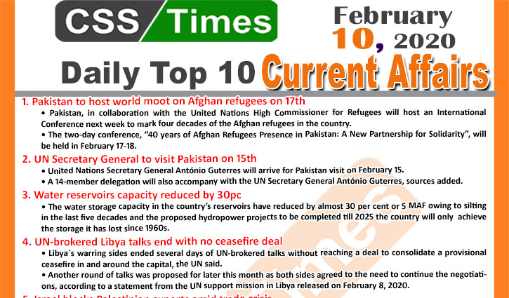 Day by Day Current Affairs (February 10 2020) MCQs for CSS