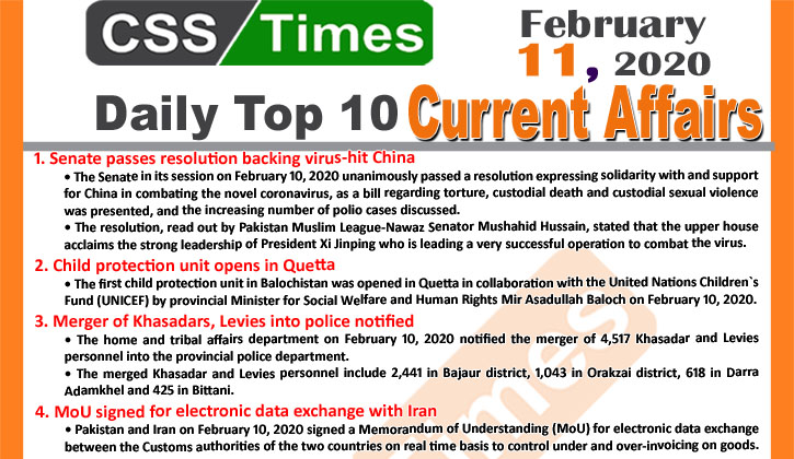 Day by Day Current Affairs (February 11 2020) MCQs for CSS, PMS