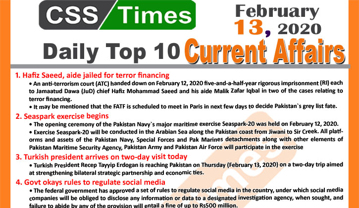 Day by Day Current Affairs (February 13 2020) MCQs for CSS, PMS