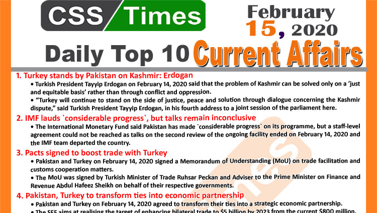 Day by Day Current Affairs (February 15 2020) MCQs for CSS, PMS