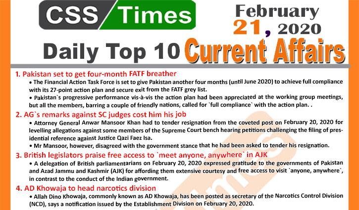 Day by Day Current Affairs (February 21 2020) MCQs for CSS, PMS