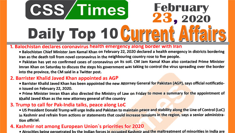 Day by Day Current Affairs (February 23 2020) MCQs for CSS, PMS