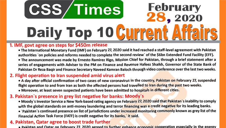Day by Day Current Affairs (February 28, 2020) MCQs for CSS, PMS