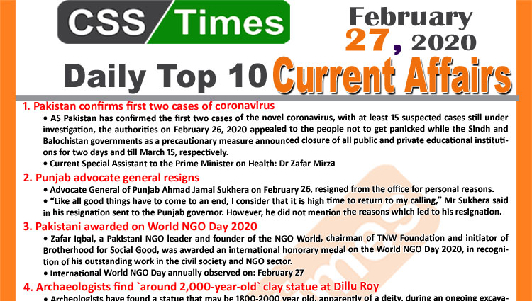 Day by Day Current Affairs (February 27, 2020) MCQs for CSS, PMS