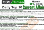 Day by Day Current Affairs (March 01, 2020) MCQs for CSS, PMS