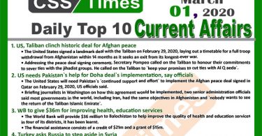 Day by Day Current Affairs (March 01, 2020) MCQs for CSS, PMS