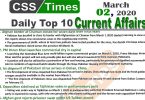 Day by Day Current Affairs (March 02, 2020) MCQs for CSS, PMS