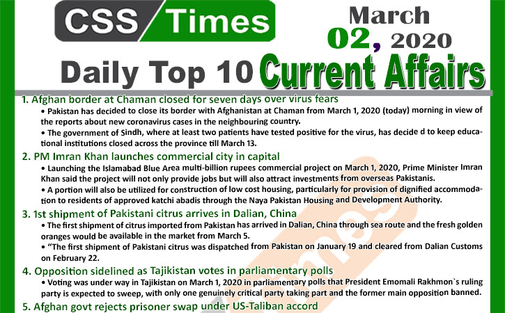 Day by Day Current Affairs (March 02, 2020) MCQs for CSS, PMS