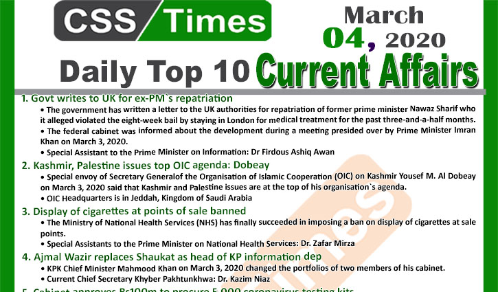 Day by Day Current Affairs (March 04, 2020) MCQs for CSS, PMS