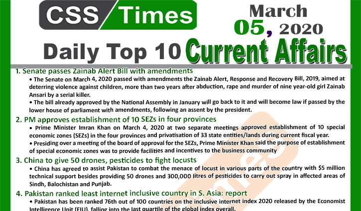 Day by Day Current Affairs (March 05, 2020) MCQs for CSS, PMS