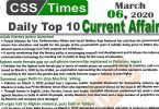 Day by Day Current Affairs (March 06, 2020) MCQs for CSS, PMS