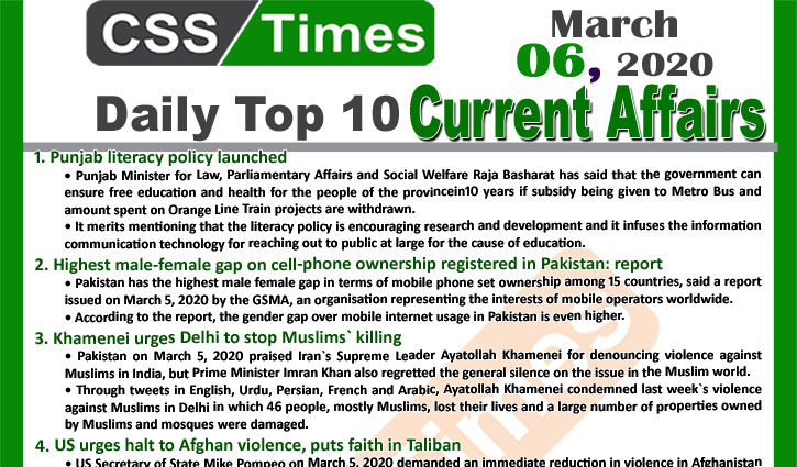 Day by Day Current Affairs (March 06, 2020) MCQs for CSS, PMS