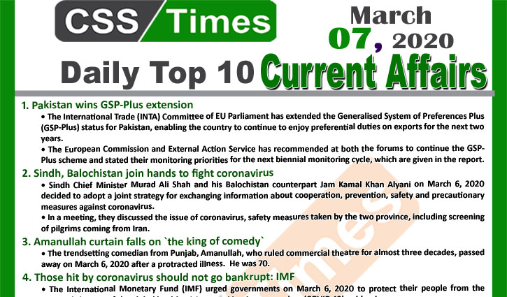 Day by Day Current Affairs (March 07, 2020) MCQs for CSS, PMS