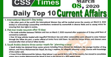Day by Day Current Affairs (March 08, 2020) MCQs for CSS, PMS