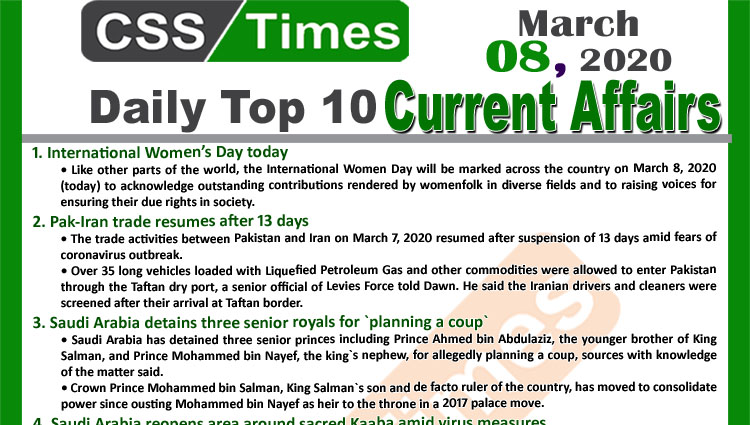 Day by Day Current Affairs (March 08, 2020) MCQs for CSS, PMS