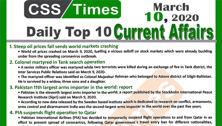 Day by Day Current Affairs March 10 2020 MCQs for CSS