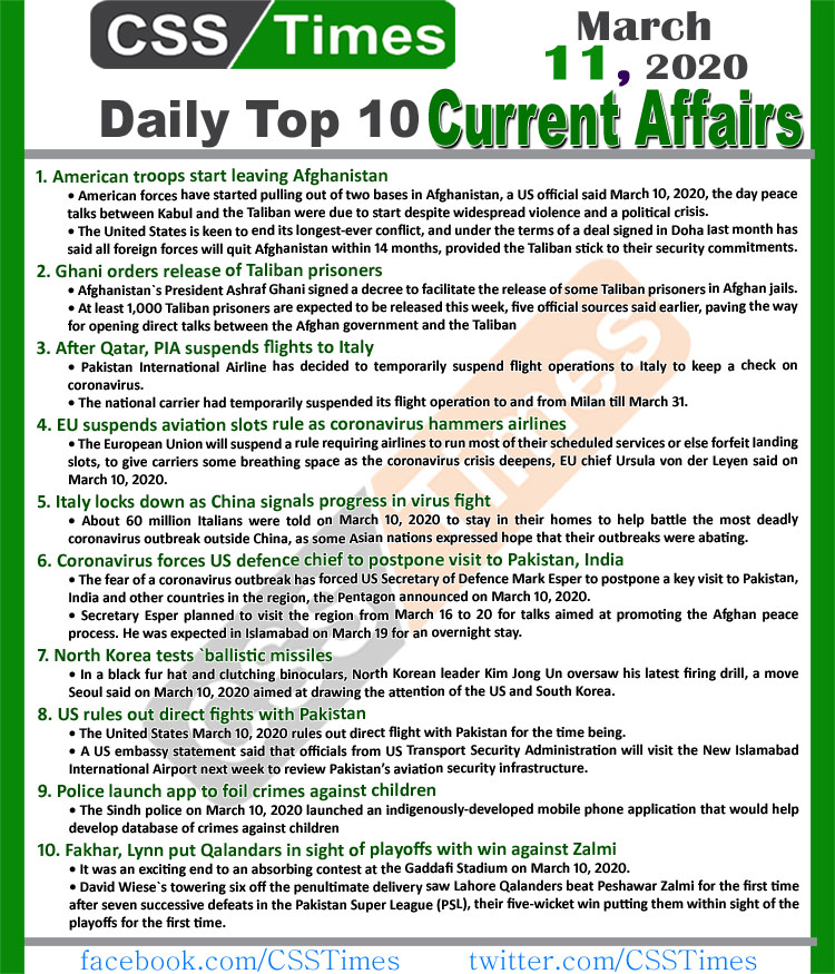 Day by Day Current Affairs (March 11, 2020) MCQs for CSS, PMS