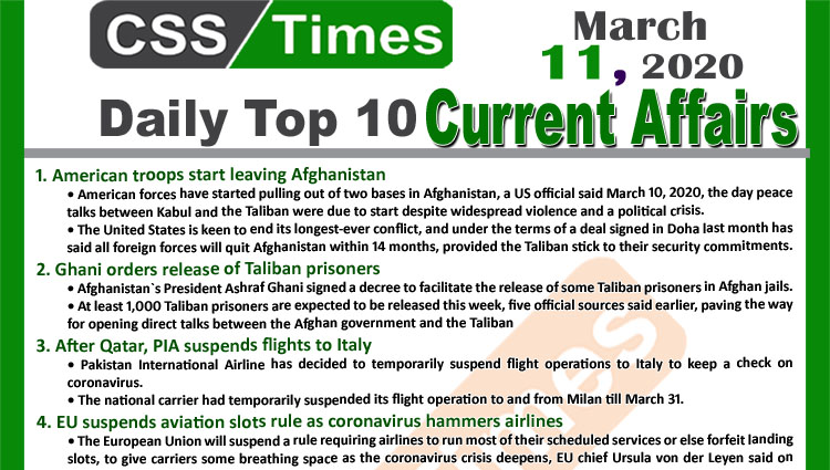 Day by Day Current Affairs (March 11, 2020) MCQs for CSS, PMS