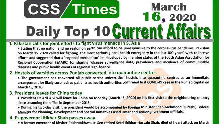 Day by Day Current Affairs (March 16, 2020) MCQs for CSS, PMS