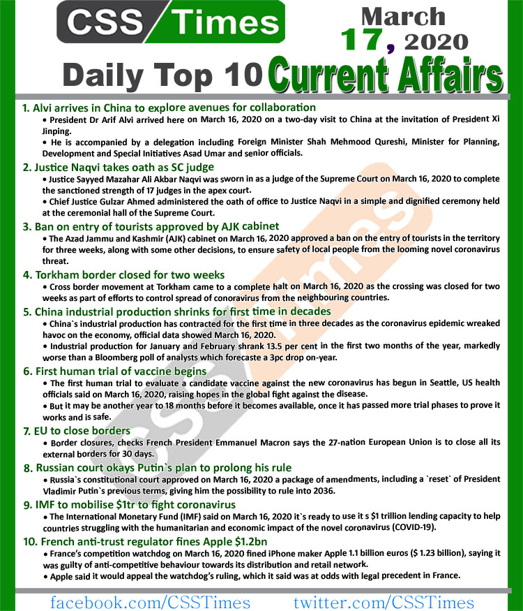 Day by Day Current Affairs (March 17, 2020) MCQs for CSS, PMS